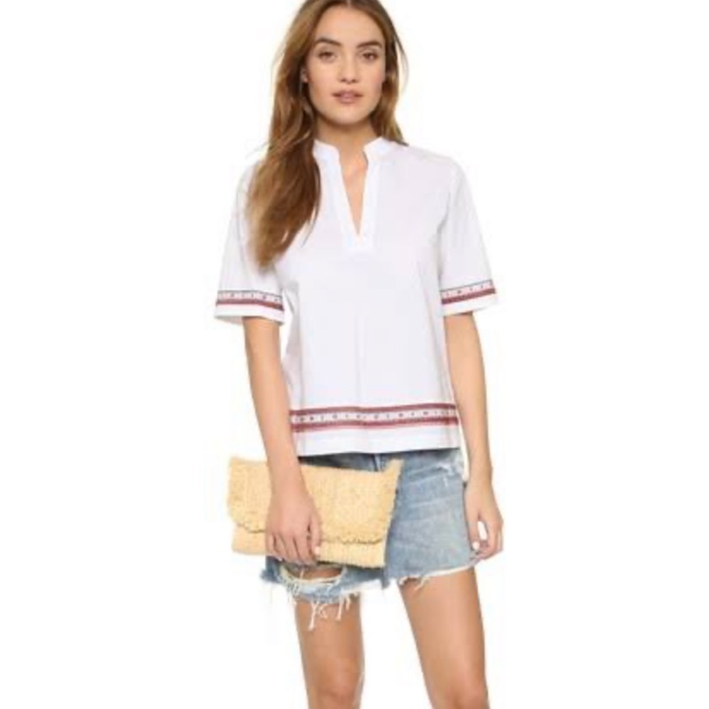 Tory Burch White Boho Chic  Embroidered Trim Split Neck Tunic Top Size 2